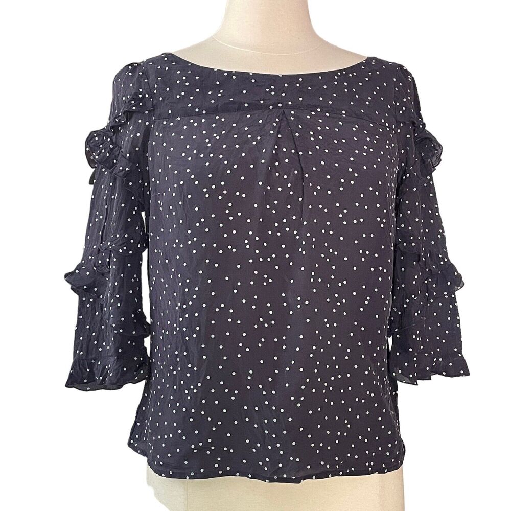 Maeve Anthropologie 100% Silk Navy Blue White Polka Dot Ruffle Sleeves Womens 0